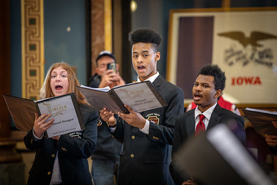 The Lincoln High School gospel and chamber choirs held their annual holiday tour on Thursday, December 19, performing holiday favorites around the community. The ensembles, under the direction of Brandon Record, sang at three southside middle schools, the DMPS administrative offices, the Rotary Club, and in the rotunda of the Iowa State Capitol.